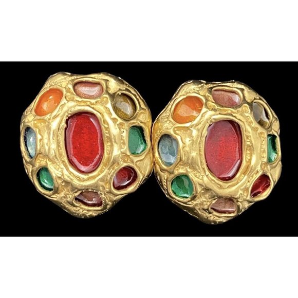 Vtg DKNY Gripoix Mogul Gold Tone Clip Earrings Rare Donna Karen 80s Multicolor - Picture 2 of 10